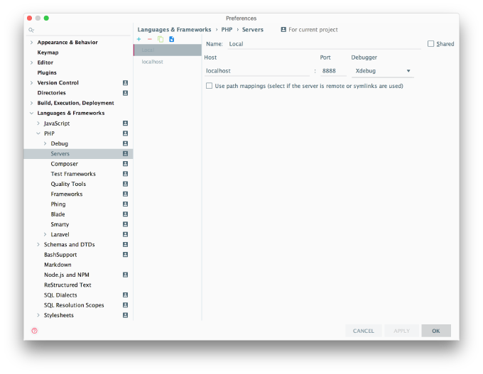 PhpStorm Servers User interface